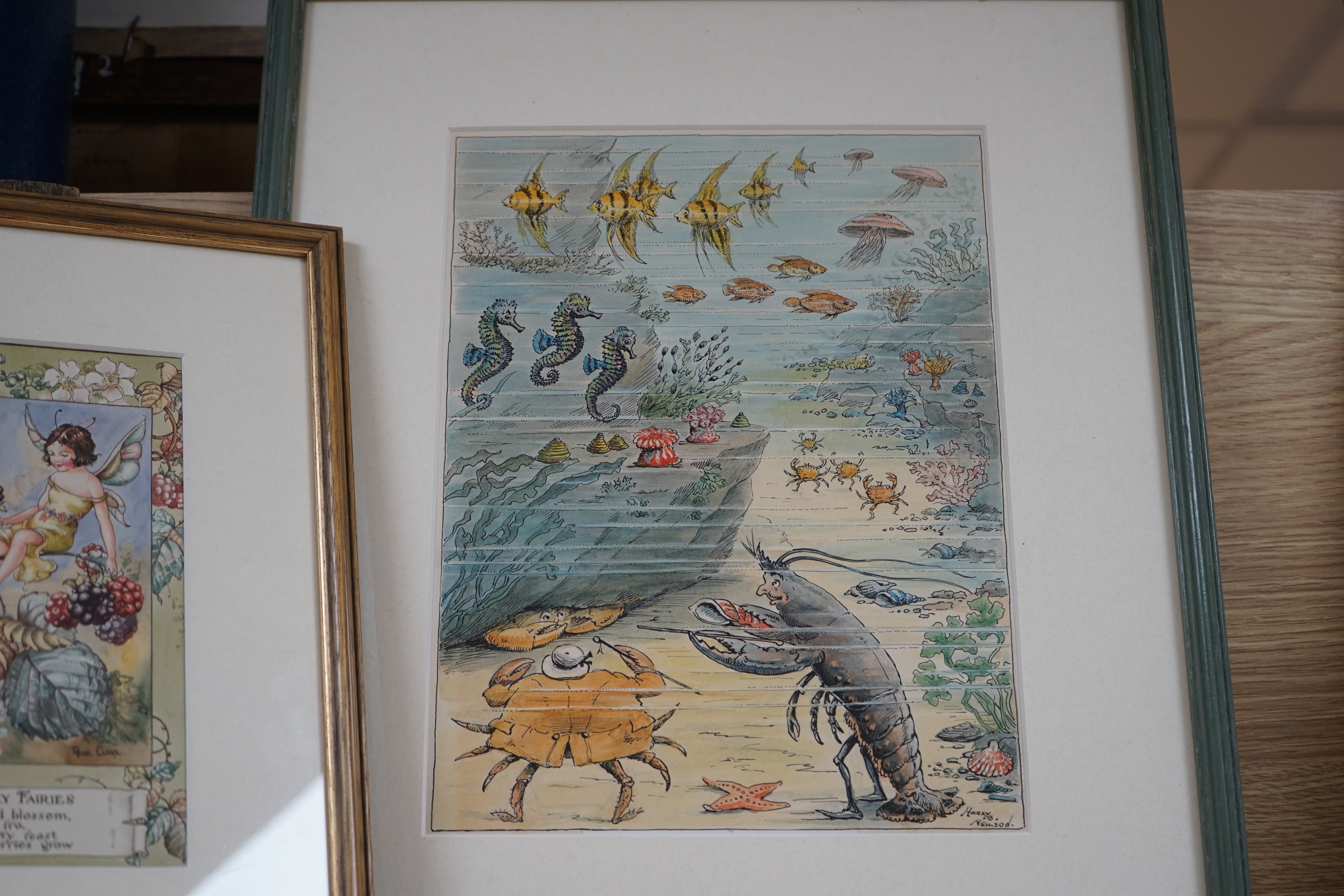 Two original watercolour illustrations, comprising Rene Cloke (1904-1995), ‘The Blackberry Faries’, signed, with verse, and Harry B. Neilson (1861-1941), ‘Brandylegs and the Lobsters’, signed, largest, 27 x 21cm. Conditi